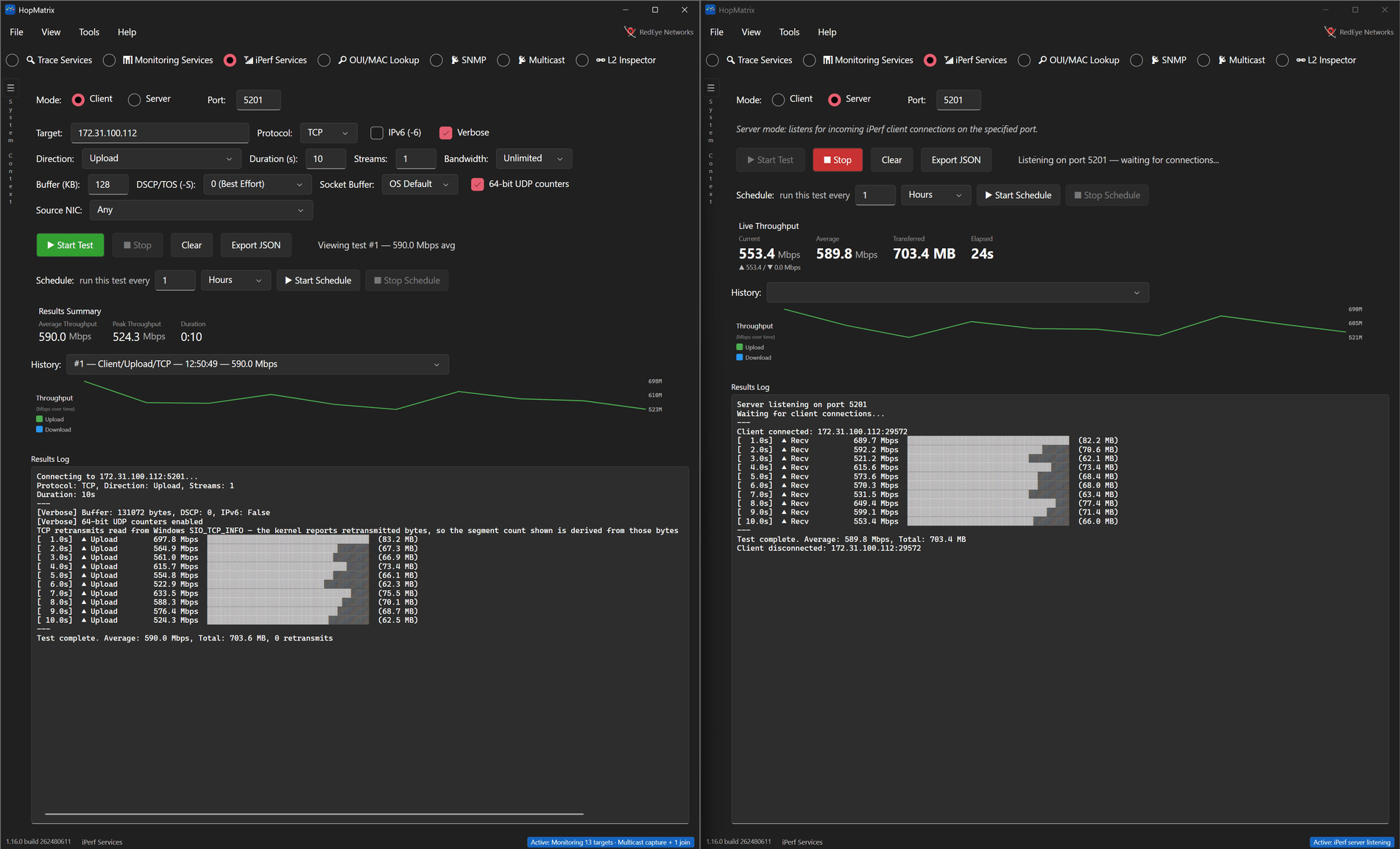HopMatrix iPerf: client and server windows running a live TCP throughput test at about 590 Mbps with throughput charts