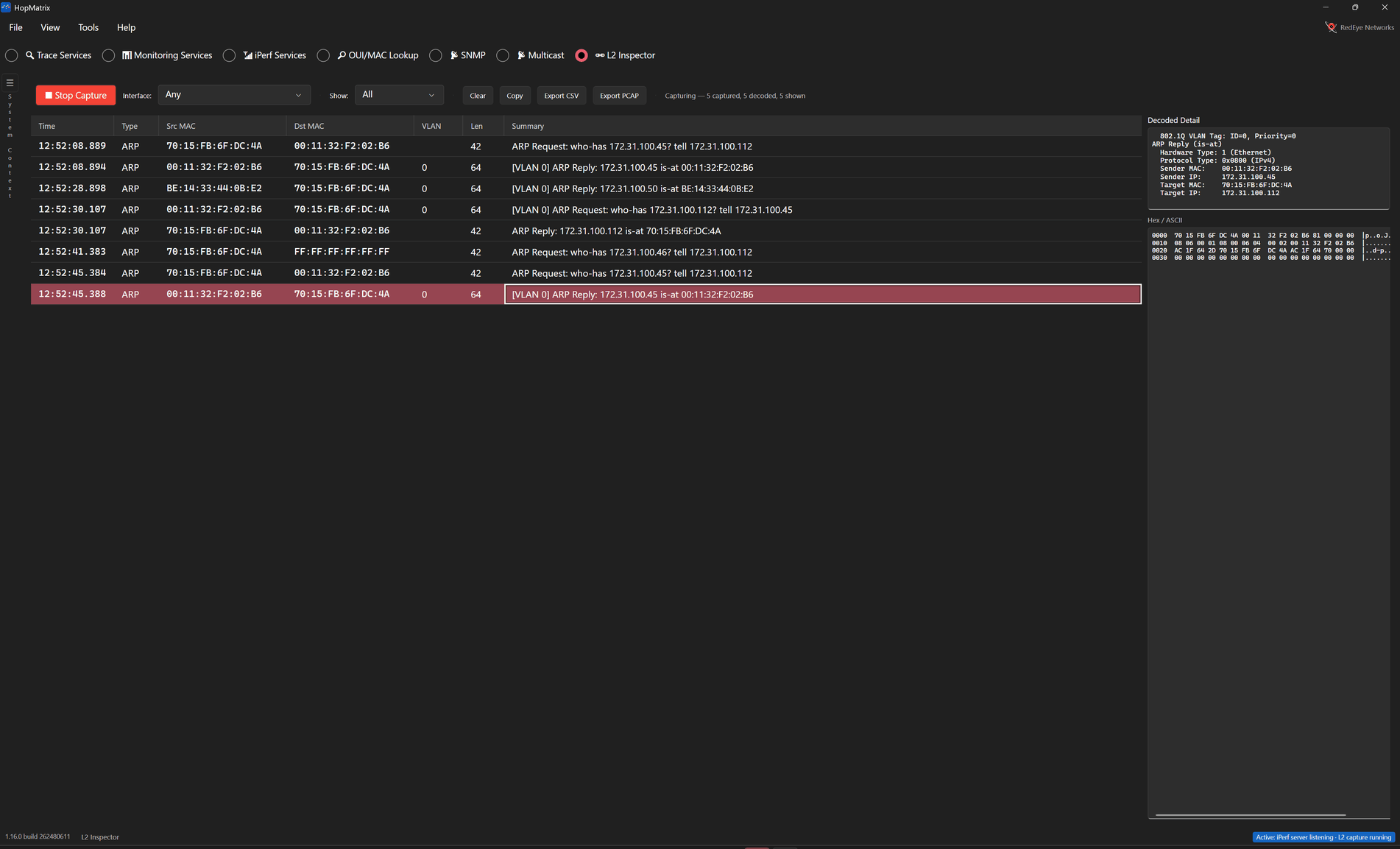 HopMatrix L2 Inspector capturing ARP frames with a decoded 802.1Q VLAN and ARP-reply detail panel