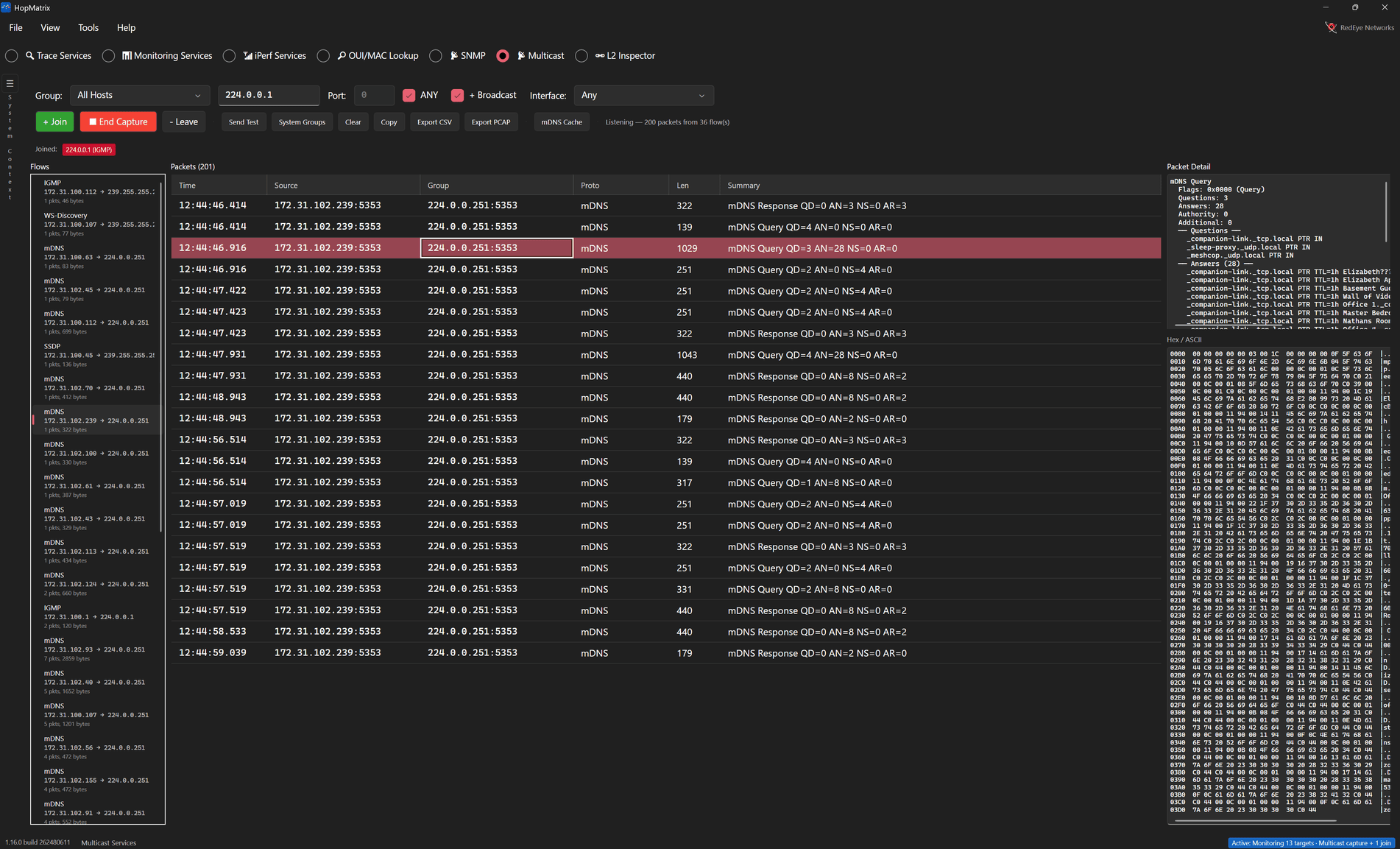 HopMatrix multicast capture joined to 224.0.0.1 listing about 200 packets across 36 flows with a decoded mDNS query