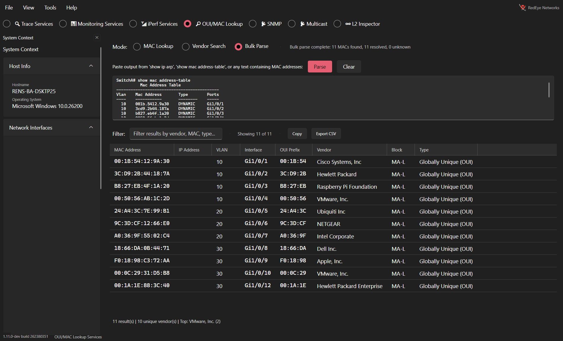 HopMatrix bulk OUI parse resolving 11 MAC addresses to vendors such as Cisco, HPE and Apple