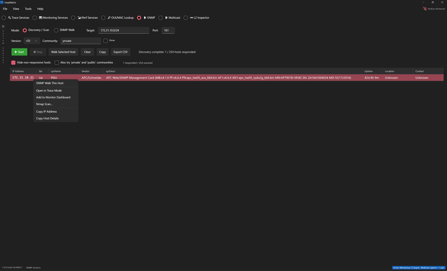 HopMatrix SNMP discovery scan of 172.31.10.0/24 finding an APC PDU at 172.31.10.21, with a right-click menu to walk, trace, monitor or Nmap the host