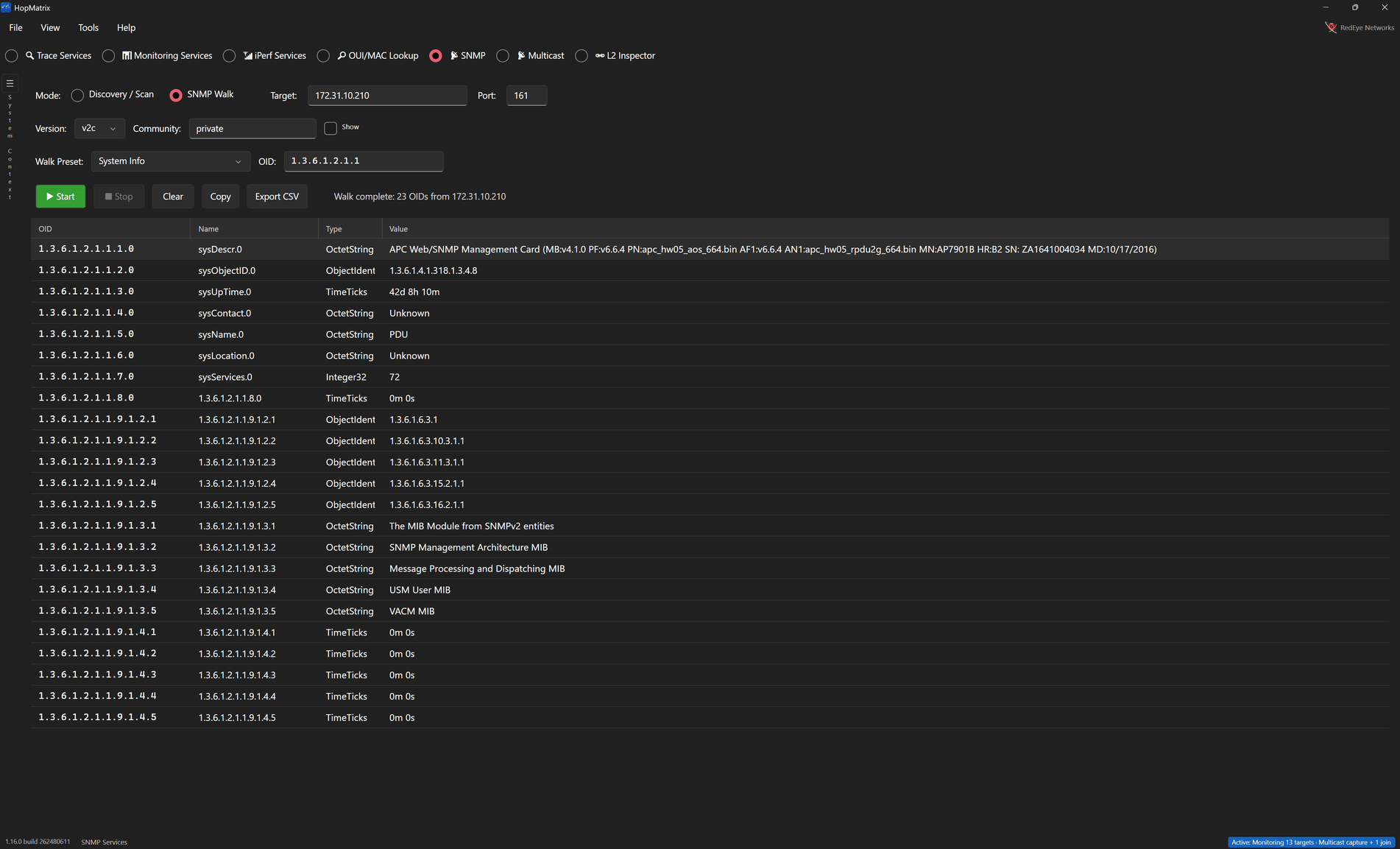 HopMatrix SNMP walk of 172.31.10.210 returning 23 OIDs including sysDescr and sysUpTime
