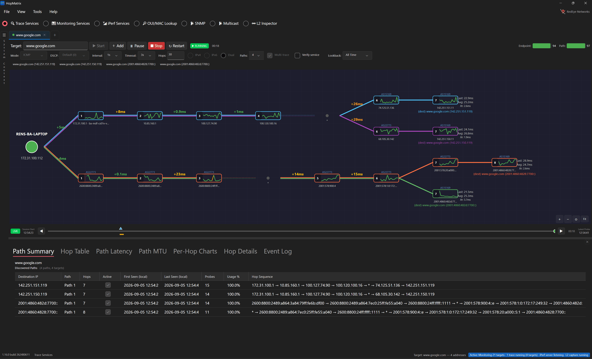 HopMatrix trace: a four-path topology to www.google.com over IPv4 and IPv6 with a per-hop path summary table